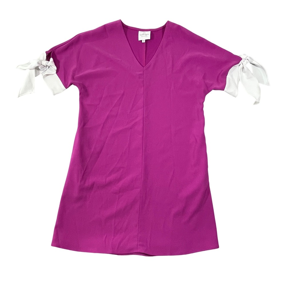 LaRoque Original Women's V-Neck Shift Dress Magenta Pink White Tie‎ Sleeve Small